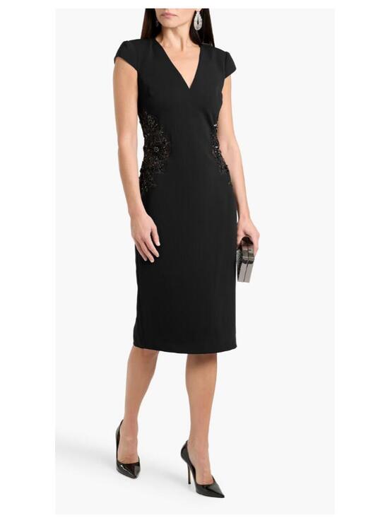 BADGLEY MISCHKA Embellished Tulle-Paneled Crepe Midi Dress Black Cap Sleeve sz 4 - Picture 2 of 3